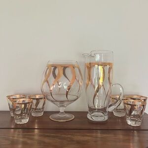 Vintage 50s Dorothy Thorpe Gold Ribbons MCM Brandy Snifter & Glass Cocktail Set